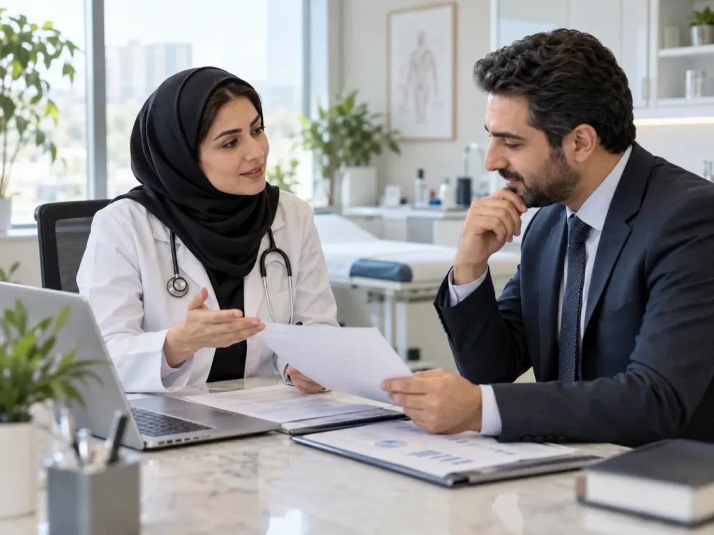 مدیر کلینیک در جلسه با کارشناس حسابداری