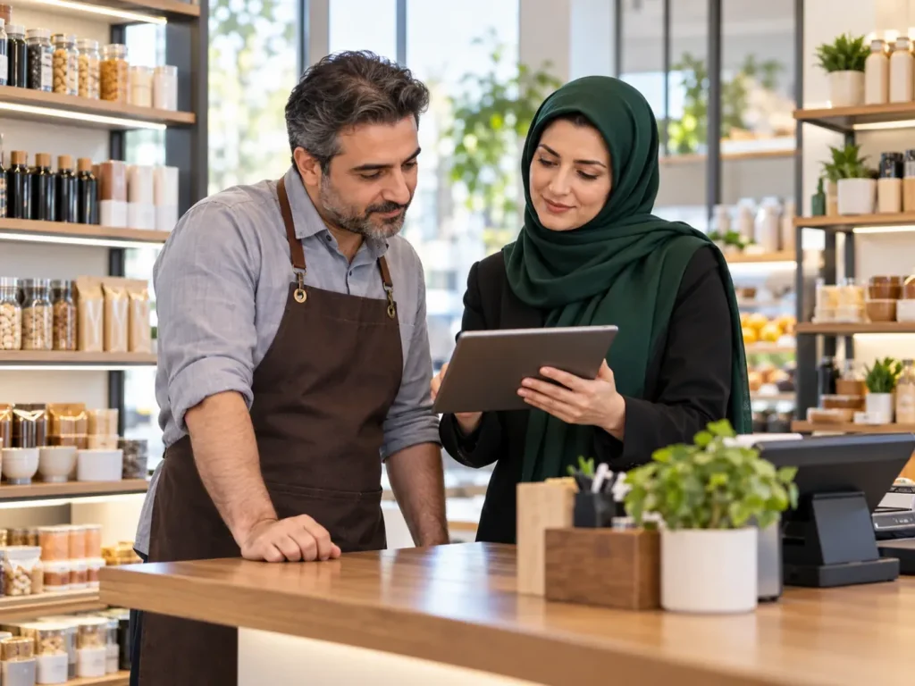 صاحب فروشگاه در حال بررسی فروش با کارشناس حسابداری